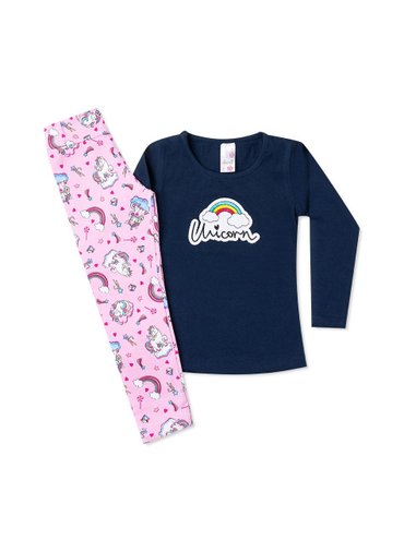 Conjunto Infantil Menina Arco íris Unicorn Marinho