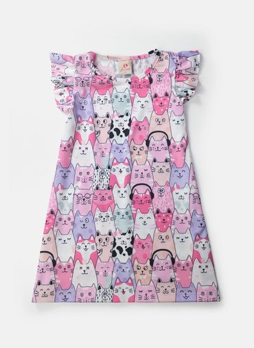 Vestido Infantil Manga Franzida Gatinhos Rosa 0079 - Laluna Vestido Infantil Manga Franzida Gatinhos Rosa 0079 - Laluna