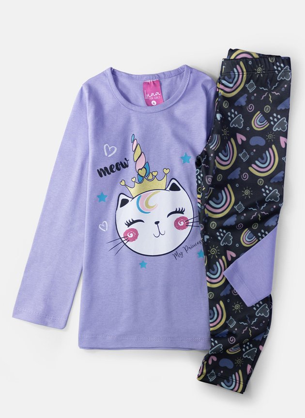 Conjunto Infantil Menina Meia Estação Gatinha Coroa Lilás 0637