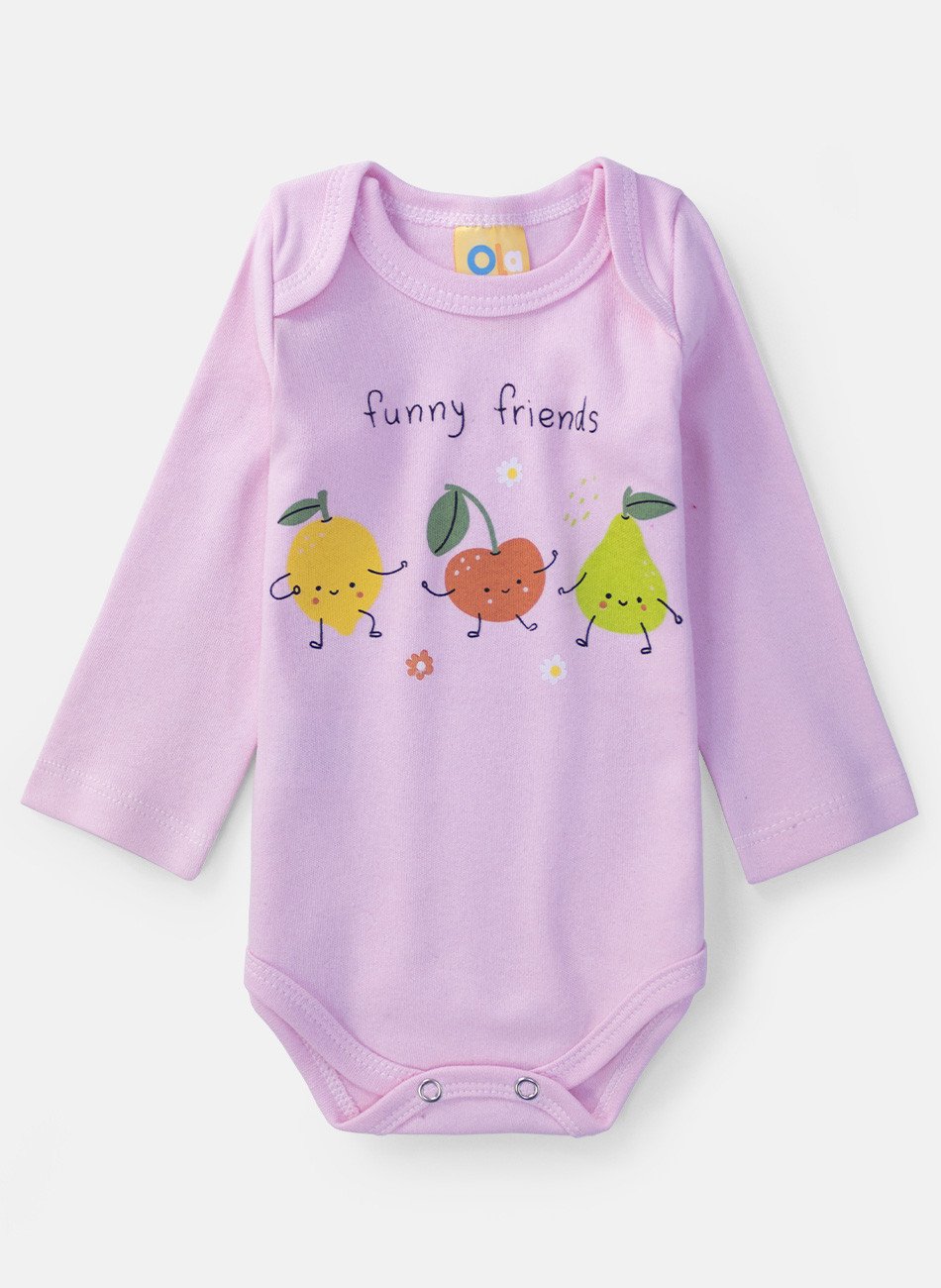 Body Bebê Manga Longa Funny Friends Rosa 0305 - Ola Kids