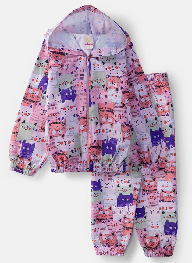 Conjunto Infantil Menina Corta Vento C/Capuz Gatinho Multicolorido 006  Laluna