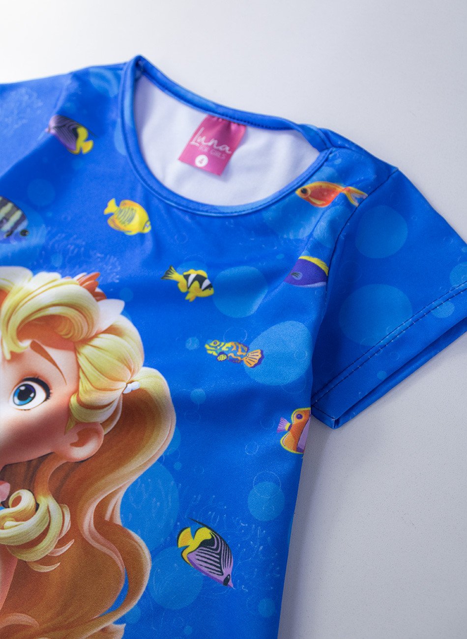 Detalhe Vestido Infantil Manga Curta Sereia Azul 130 - Laluna