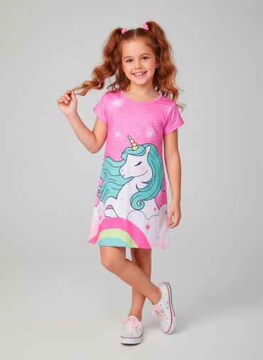 Vestido Infantil Manga Curta Unicórnio Mágico Rosa 0112- Laluna Vestido Infantil Manga Curta Unicórnio Mágico Rosa 0112- Laluna