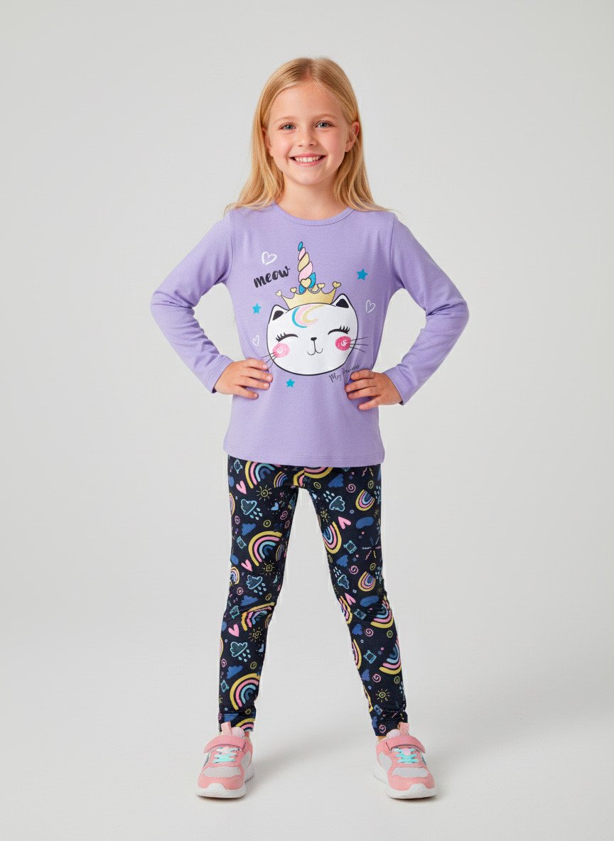 Conjunto Infantil Menina Meia Estação Gatinha Coroa Lilás 0637