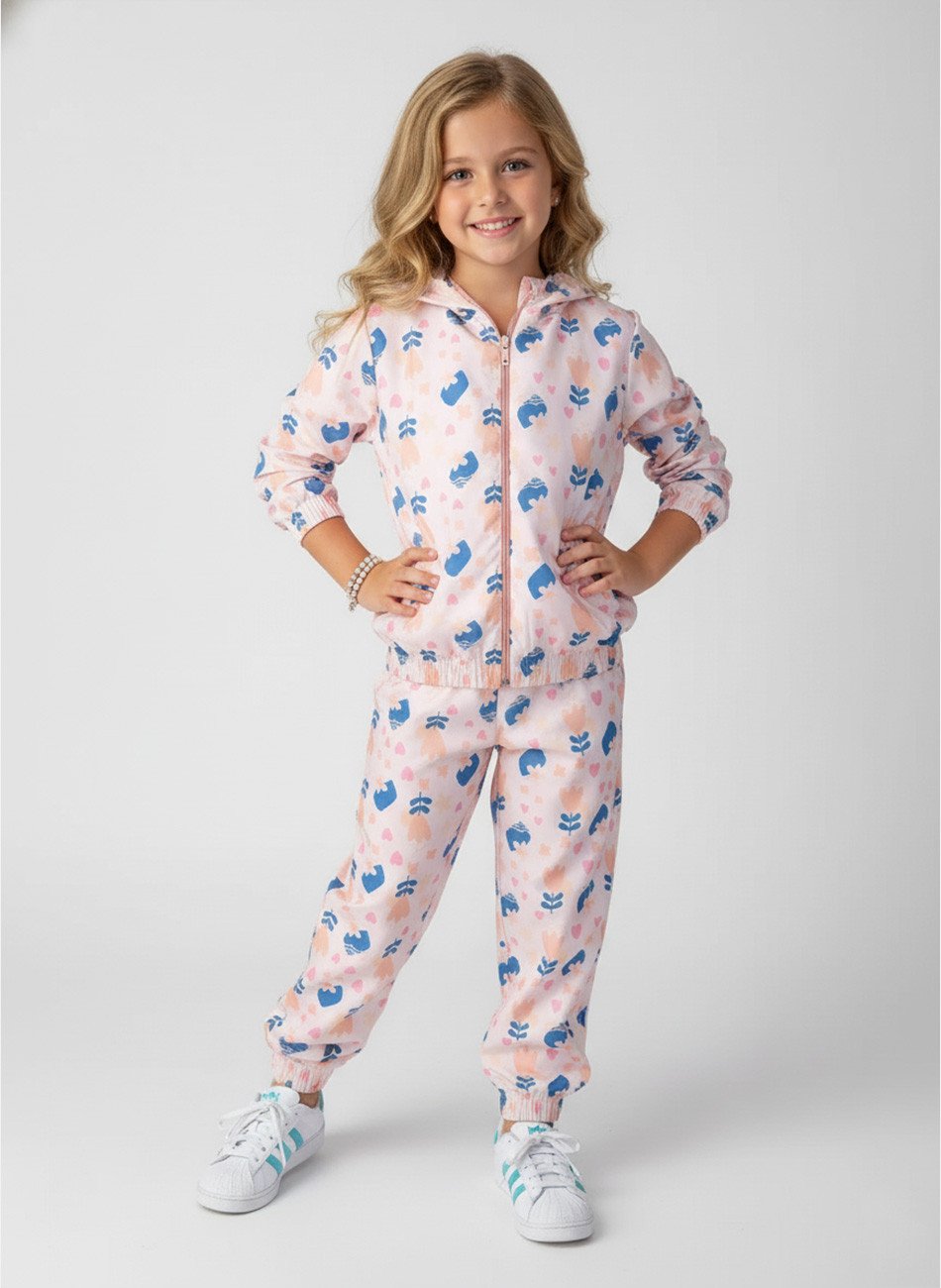 Conjunto Infantil Menina Corta Vento C/Capuz Florido Rosa Bebê