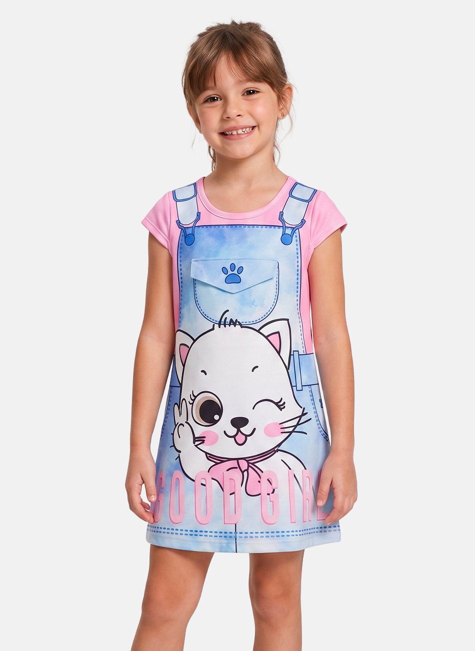 Vestido Infantil Manga Curta Gatinho Good Girl Rosa 0230 - Laluna