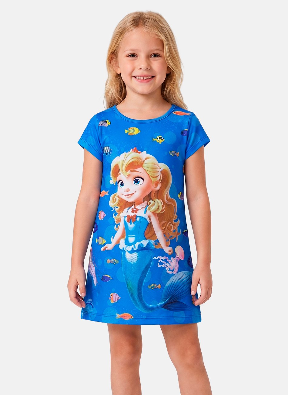 Vestido Infantil Manga Curta Sereia Azul 130 - Laluna