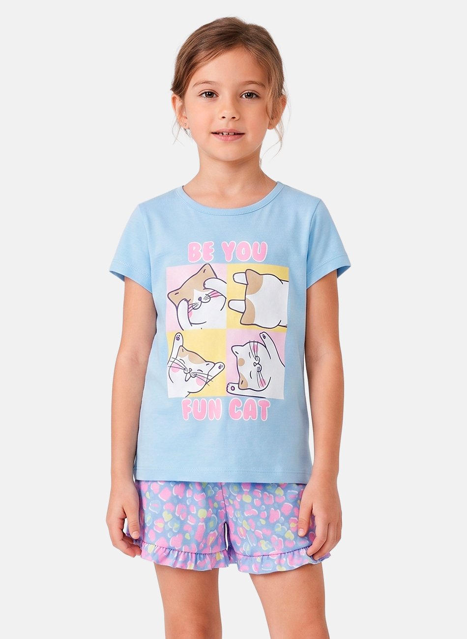 Conjunto Infantil Menina Be You Fun Cat Azul Beb&ecirc; 0654 - Laluna