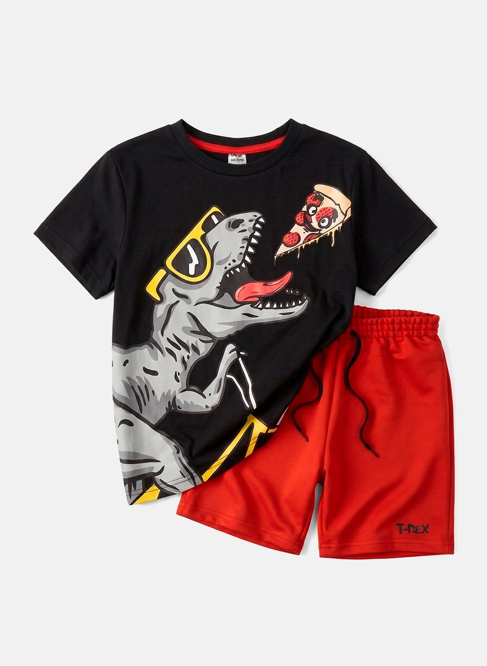 Conjunto Infantil Masculino Dino Comendo Pizza Preto 0227 - Keki Boys