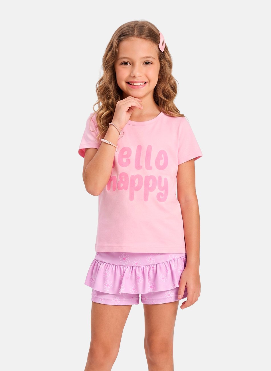 Conjunto Infantil Menina Hello Happy Flores Rosa Bebê 0653 - Laluna
