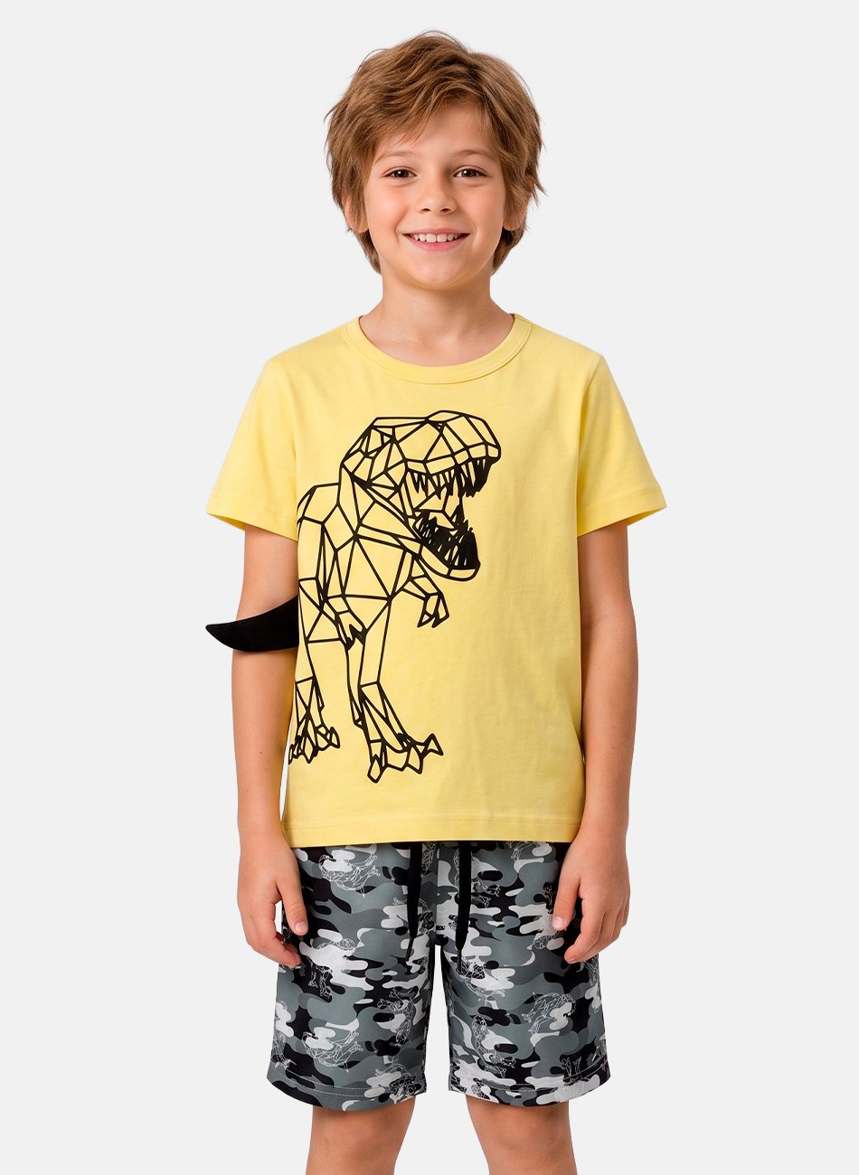 Conjunto Infantil Menino Ver&atilde;o Dino Rex Tra&ccedil;o Amarelo - Keki Boys