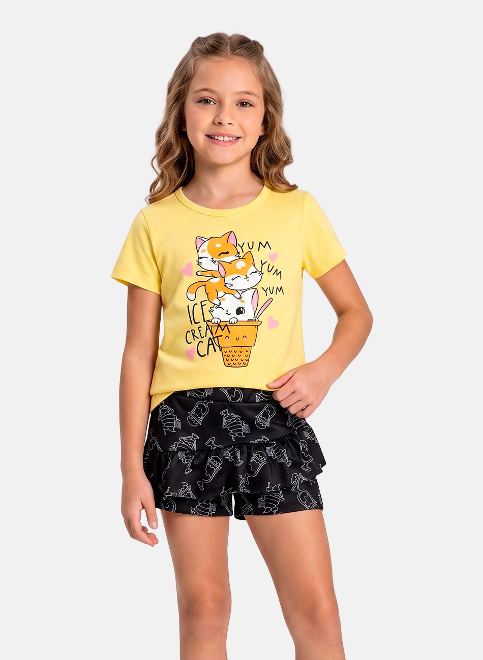 Conjunto Infantil Menina Verão Ice Cream Cat Amarelo 241- Laluna