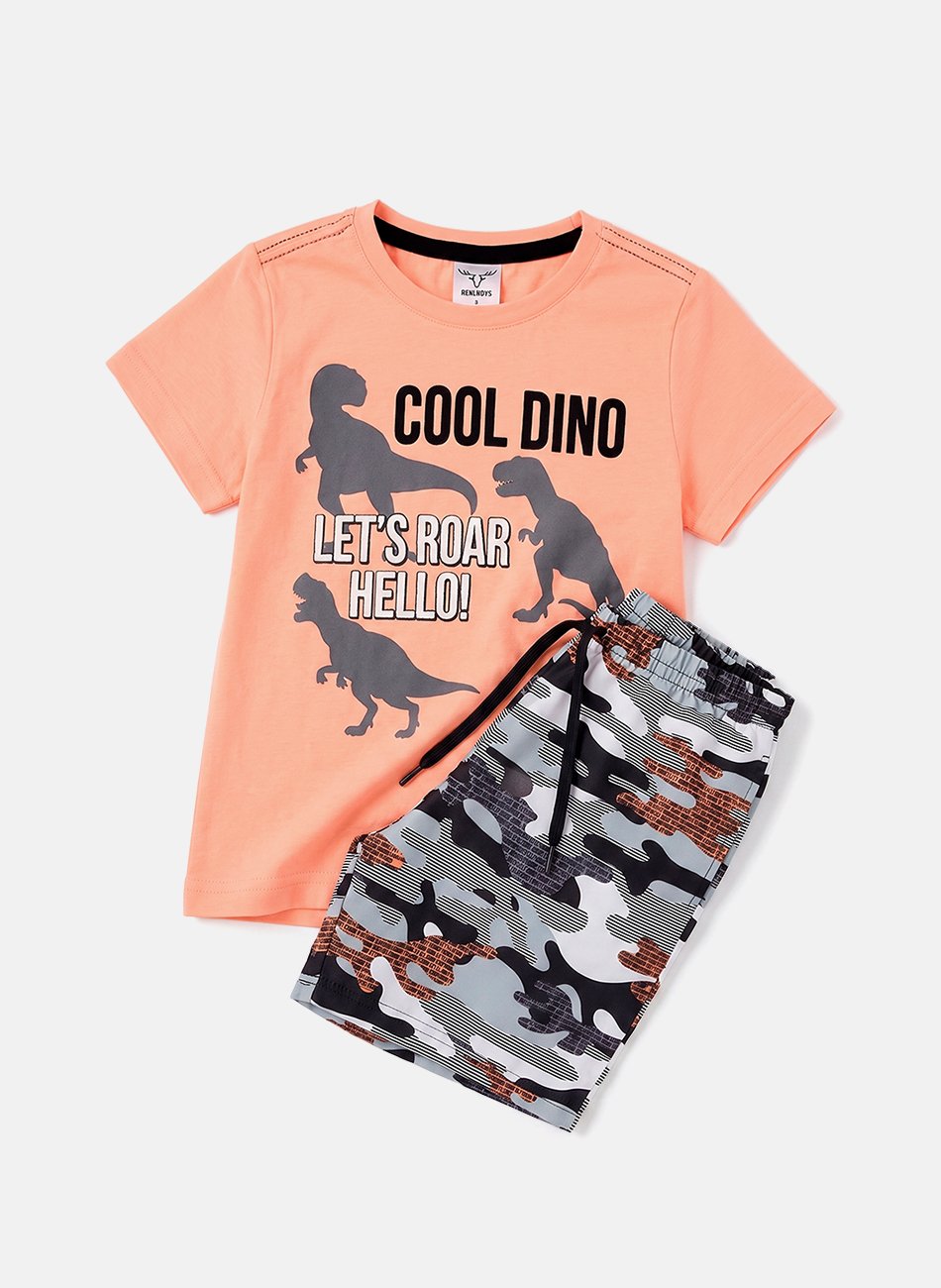 Conjunto Infantil Menino Ver&atilde;o Dinossauro Salm&atilde;o 0286 - Keki Boys